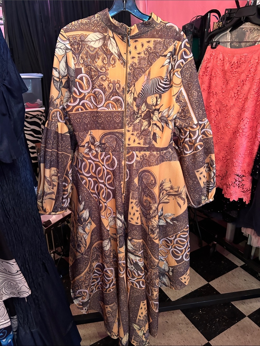 Printed Zip-Front Maxi Dress in Mustard and Brown
